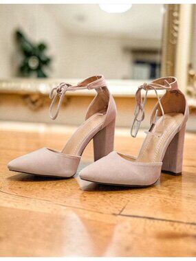 Ankle Strap Block Heel Suede Pumps In Nude Beige For Women